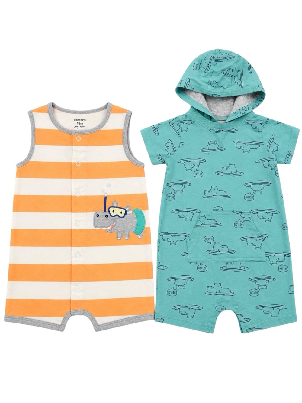 Carter’s 18M Boys Romper Lot 2pc Hooded Hippo Orange Striped, Blue EUC